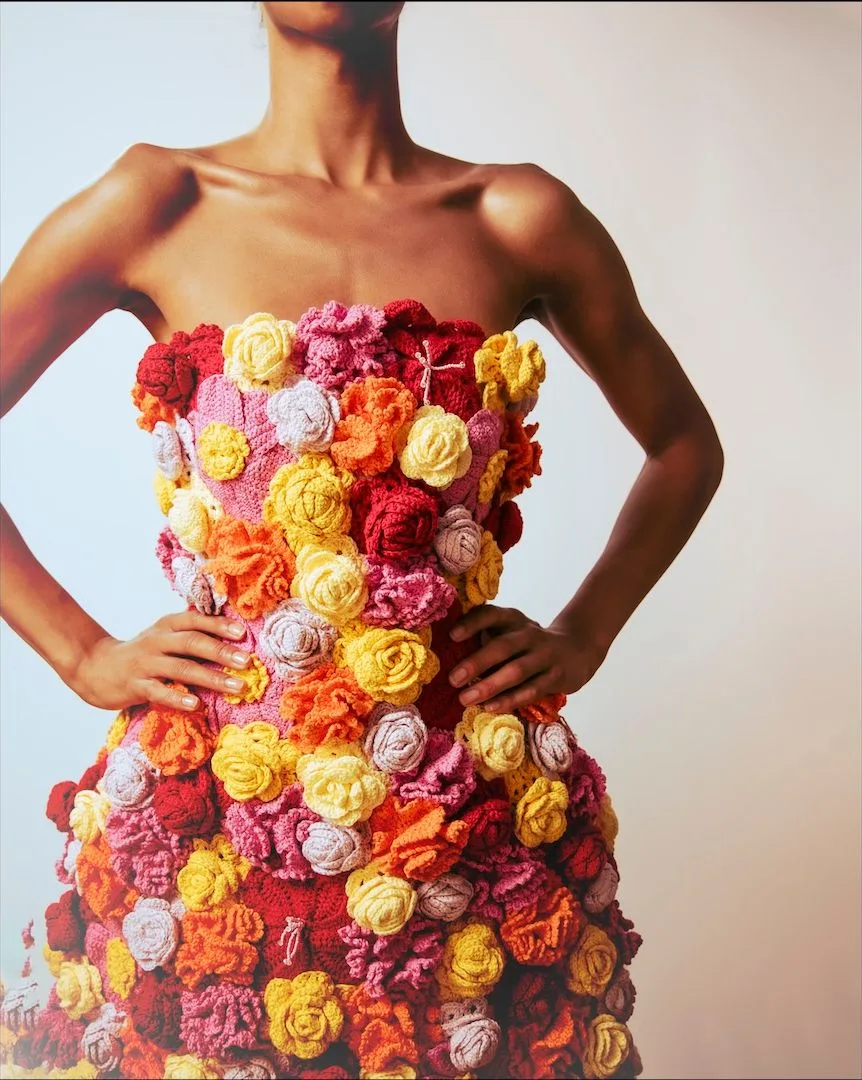 The Flower Bed in the KALTBLUT editorial, a strapless dress of crocheted blossoms