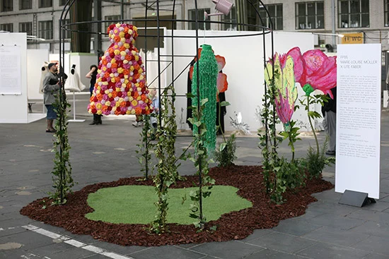 The pavilion in Hangar 5: The Flower Bed and The Weeping Willow under the ivy arches, Ute Faber's rose painting behind, booth FP05